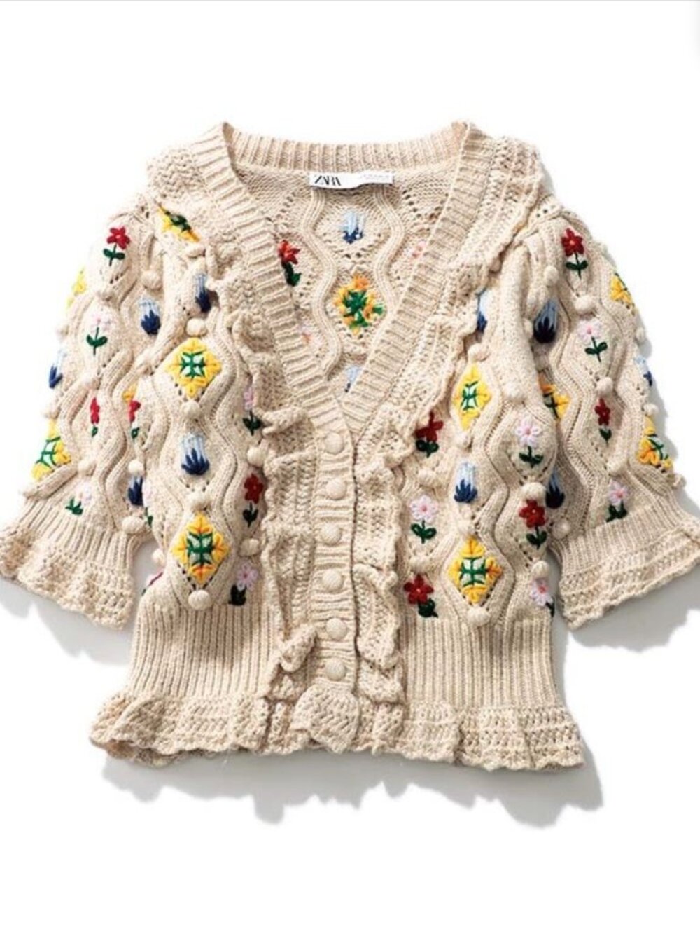 Zara Special Edition Floral Embroidered Chunky Knit Cardigan | Size Small